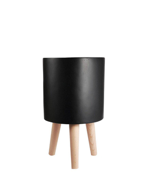 Modern Cylindrical Decorative Resin Planters With Wooden Legs Indoor